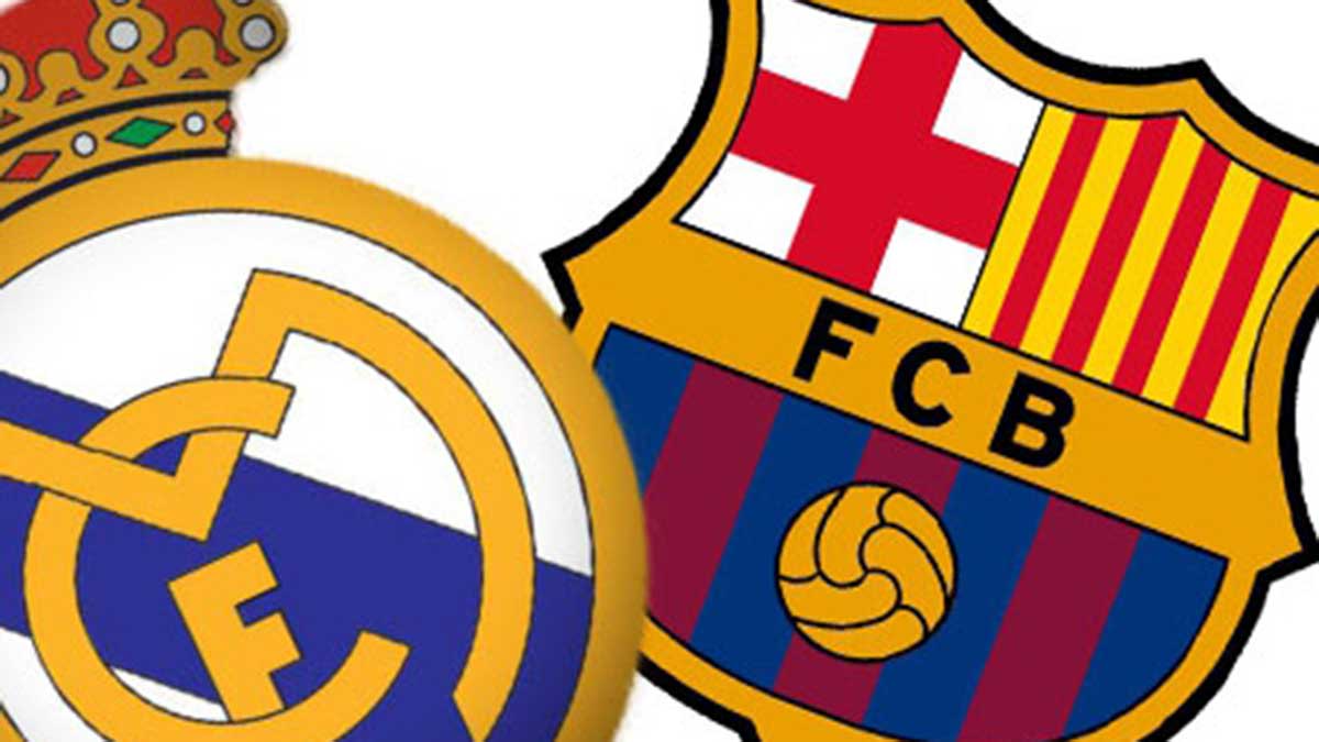 Escudos del Real Madrid y del FC Barcelona.