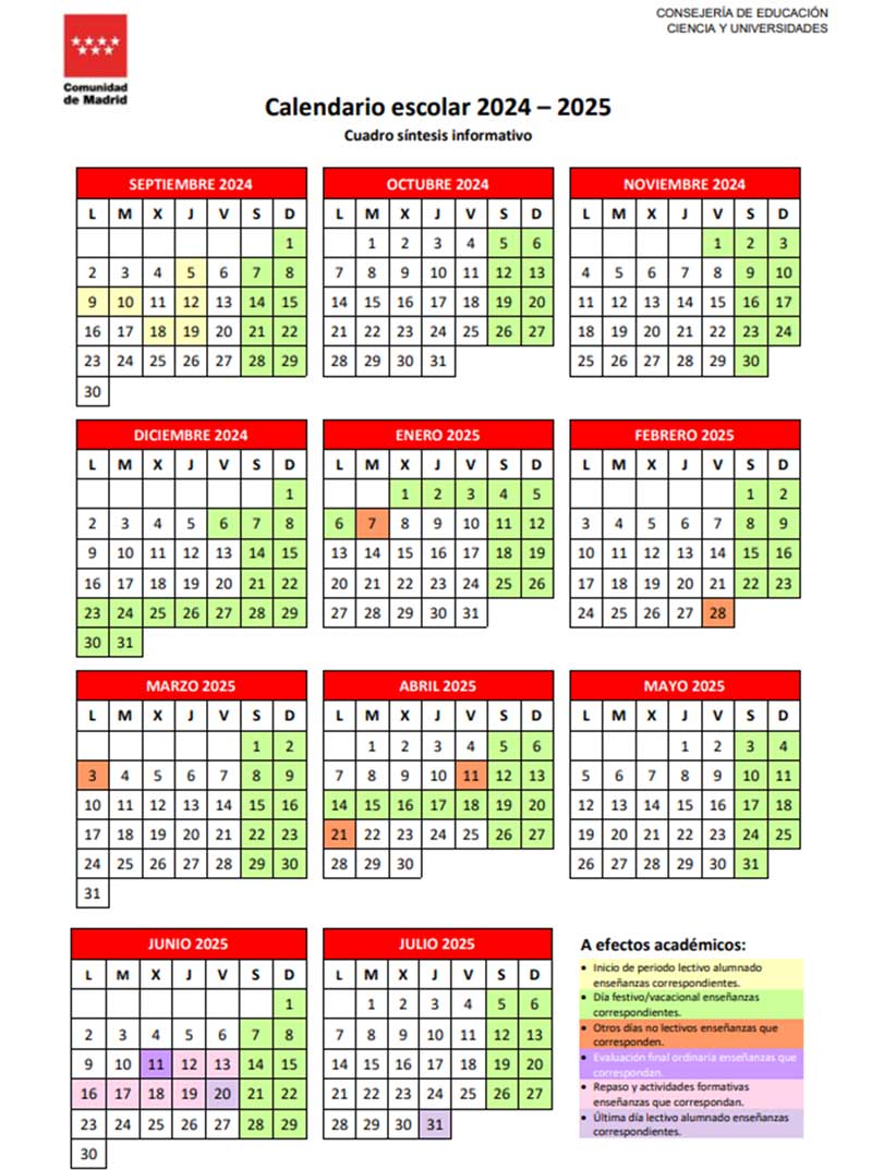 Calendario escolar en la Comunidad de Madrid para el curso 2024/2025.