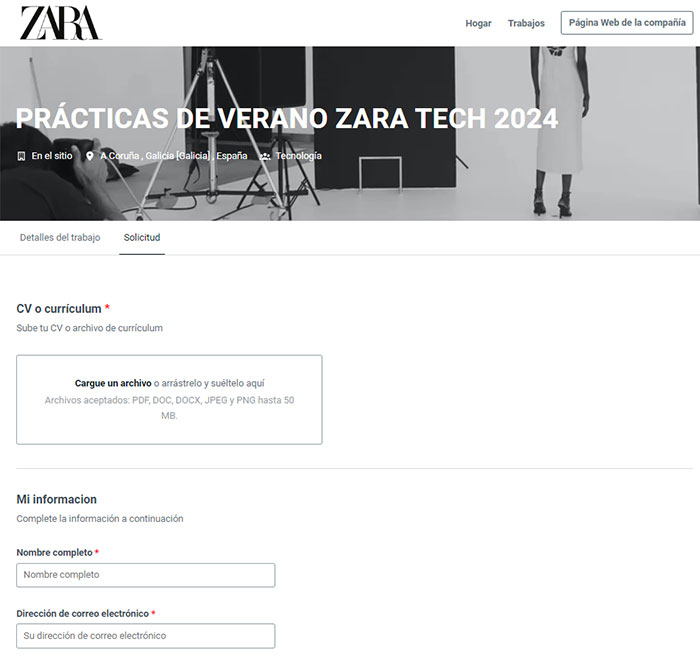 Inscripción en prácticas de Zara Tech