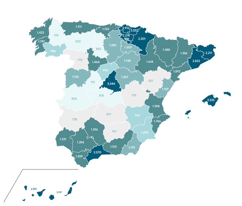 Mapa de España con precios de compra de viviendas.