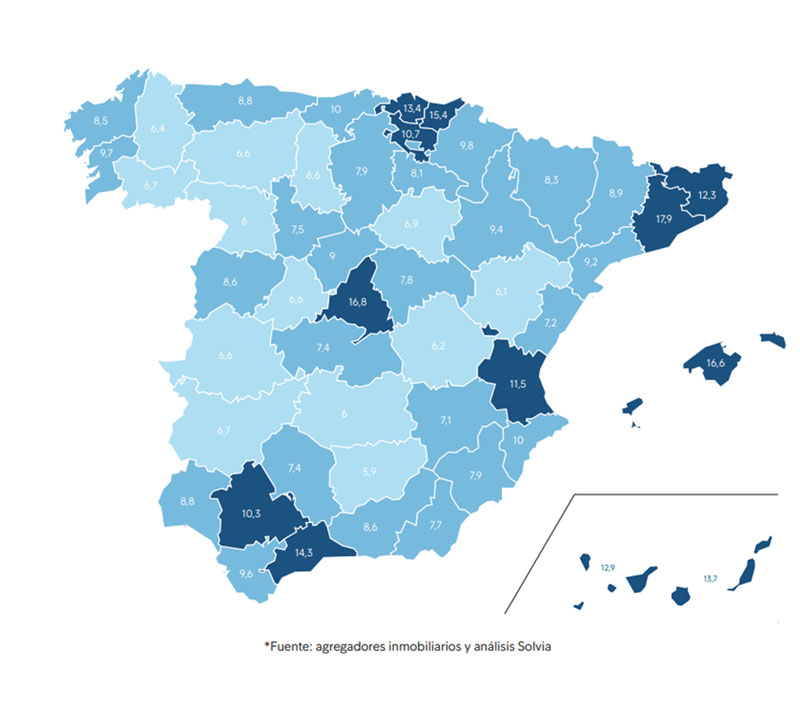 Mapa de España con el precio medio de alquiler. 