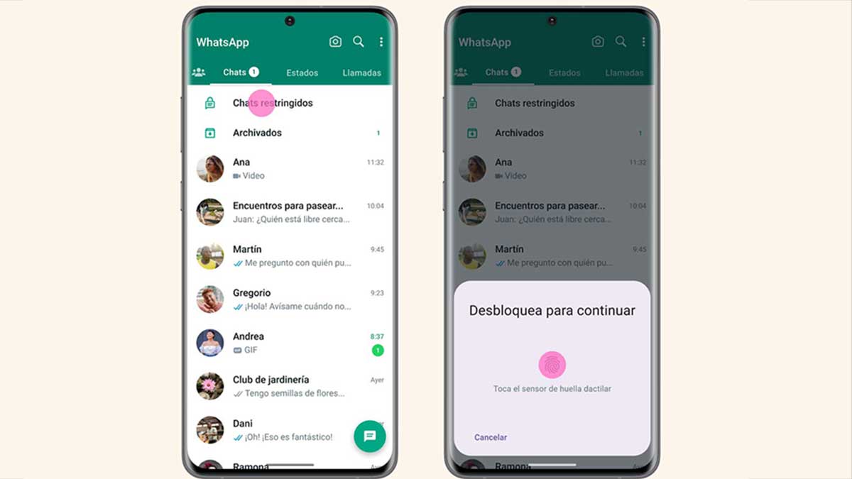 Capturas de pantalla para restringir chats en WhatsApp.