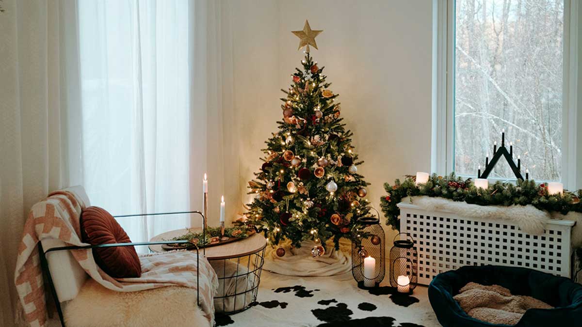 Árbol de Navidad con luces dentro de una casa.