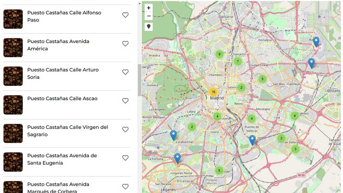 Detalle del mapa para localizar los puestos de castañas en Madrid.