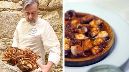 Chef Pablo Gallego y ración de pulpo a feira de su restaurante.